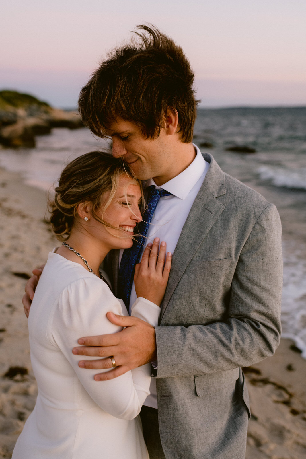 couples portrait on beach Micro wedding woods hole
